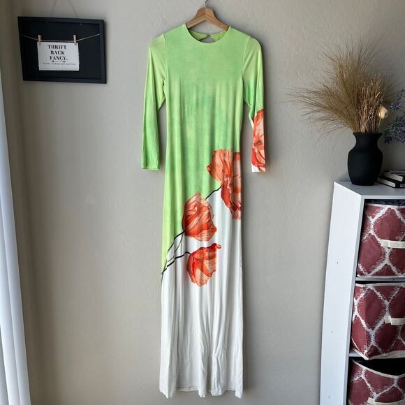Alice + Olivia Delora‎ Open Back Green Tulip Print 3/4 Sleeve Crew Maxi Dress 6 - Picture 2 of 12